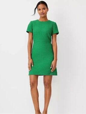 Ann Taylor Grass Green Tweed Short-Sleeve Shift Dress